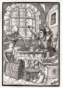 Smrt přichází k lakomcům nebo lichvářům, vyryl Georg Scharffenberg, z „Der Todten Tanz“, vydané v Basileji, 1843 od Hans Holbein der Jüngere