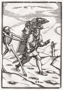 Smrt přichází k podomníkovi, vyryl Georg Scharffenberg, z „Der Todten Tanz“, vydaného v Basileji, 1843 od Hans Holbein der Jüngere
