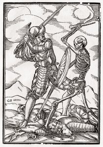Smrt přichází k vojákovi, vyryl Georg Scharffenberg, z „Der Todten Tanz“, vydané Basilej, 1843 od Hans Holbein der Jüngere