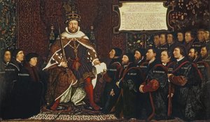Jindřich VIII. předává listinu Thomasi Vicarymu, připomínající spojení cechů holičů a chirurgů, 1541 od Hans Holbein der Jüngere