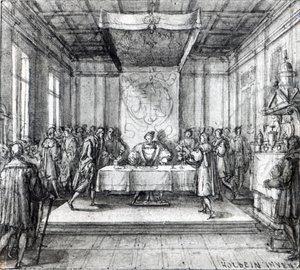 Jindřich VIII. ve své soukromé komoře (pero, inkoust a mytí na papíře) od Hans Holbein der Jüngere