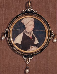 Miniaturní portrét Jane Small, dříve známé jako paní Robert Pemberton, kolem 1540 (wc na pergamenu připevněné na hrací kartě)