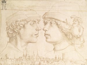 Portréty dvou mladých lidí, trpaslík a panoráma města, kolem roku 1514 (stříbrný bod) od Hans Holbein der Jüngere