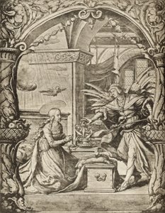 Zvěstování, z „Katalogu sbírky rytin, leptů a dřevořezů“, od Richarda Fishera, vydané 1879 (litho) od Hans Holbein der Jüngere