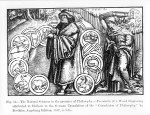 Přírodní vědy v přítomnosti filosofie, z německého vydání Boetiovy "Útěchy z filosofie" z roku 1537, ilustrace z knihy "Věda a literatura ve středověku a renesanci". od Hans Holbein der Jüngere
