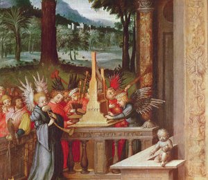 Detail Panny, dítěte a svatých andělů hrajících na varhany, 1519 olej na dubu