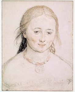 Hlava mladé ženy Kresba na špičce kovu, pera a krve od Hanse Holbeina starého (1460-1524) Slunce ze 16. století. 0,19x0,15 m Paříž, Musee du Louvre