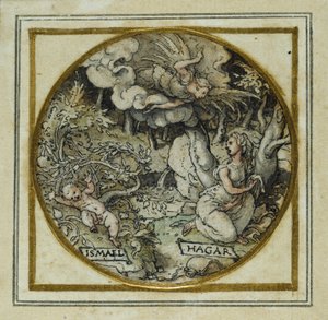 Hagar a Ishmael - Design pro přívěsek nebo odznak klobouku, c.1532-43 (pero a inkoust na papíře) od Hans Holbein der Jüngere