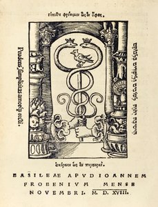 Tiskařská značka Johanna Frobense (asi 1460-1527) zobrazující dvě ruce držící caduceus ze třetího vydání 