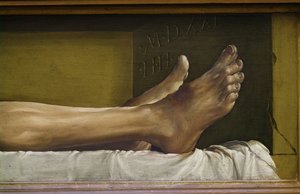 Tělo mrtvého Krista, detail nohou a podpis a datum díla, 1521 tempera na lipovém dřevě od Hans Holbein der Jüngere