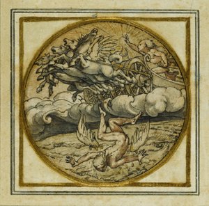 The Fall of Icarus - Design pro přívěsek nebo odznak klobouku, c.1532-43 (pero a inkoust na papíře) od Hans Holbein der Jüngere