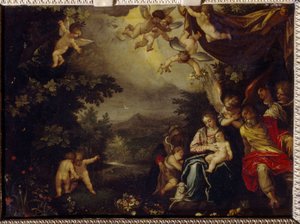 Svatá rodina se svatou Alžbětou a svatým Janem Křtitelem. Malba Hanse Rottenhammera Groina (1564-1625), olej na mědi. Německé umění, konec 16.-17. století, barokní umění. Státní muzeum výtvarných umění A. Puškina, Moskva.