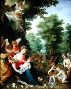 Madonna a dítě s anděly v krajině (olej na mědi)