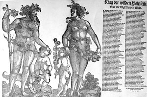Broadside o stažení divokých mužů z lesů ze světa, který se změnil k horšímu, dřevoryt Hanse Guldenmunda, 1545
