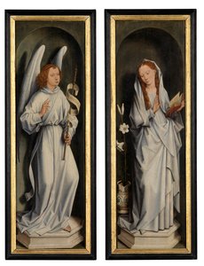Zadní strana páru křídel zobrazující Zvěstování (olej na panelu) od Hans Memling