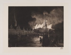 Palác Christiansborg v plamenech od Hans Nikolaj Hansen