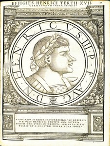 Jindřich III., ilustrace z „Římští císaři celého Východu a Západu“, dřevoryt od Rudolpha Wyssenbacha, tisk Andreas Gesner, Curych od Hans Rudolf Manuel Deutsch