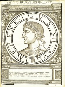 Jindřich VII., ilustrace z „Římští císaři celého Východu a Západu“, dřevoryt od Rudolpha Wyssenbacha, tisk Andreas Gesner, Curych od Hans Rudolf Manuel Deutsch
