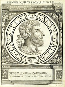 Trebonianus Gallus, ilustrace z „Římští císaři celého Východu a Západu“, dřevoryt Rudolpha Wyssenbacha, tisk Andreas Gesner, od Hans Rudolf Manuel Deutsch