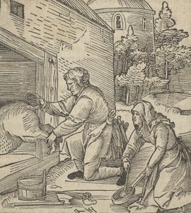 Farmář porážející prase, z Hymmelwagen auff dem, wer wol leben..., 1517. od Hans Schäufelein the Elder