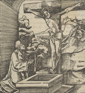 Muž se modlí před krucifixem, z Hymmelwagen auff dem, wer wol Leben..., 1517. od Hans Schäufelein the Elder