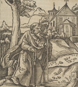 Starý poutník kráčí doprava, z Hymmelwagen auff dem, wer wol Leben..., 1517. od Hans Schäufelein the Elder
