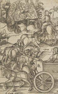 Ctnostný muž na voze na cestě do nebe, z Hymmelwagen auff dem, wer wol leb..., 1517.