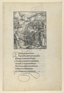 Unfalo ohrožující Theuerdanck, způsobující výbuch tří děl, z Theuerdan..., 1517. od Hans Schäufelein the Elder