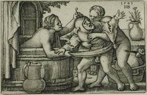 Buffoon a dvě koupající se ženy od Hans Sebald Beham
