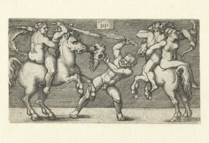 Boj mezi dvěma muži se ženami na koni a stojícím mužem od Hans Sebald Beham