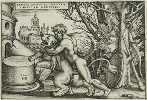 Herkules a nemejský lev z Herkulovy práce od Hans Sebald Beham