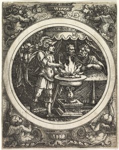 Mucius Scaevola drží ruku v ohni od Hans Sebald Beham