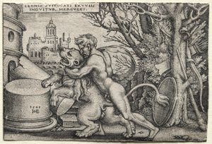 The Labors of Hercules: Hercules Dringing the Nemejský lev od Hans Sebald Beham