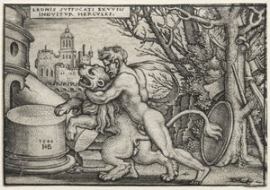The Labors of Hercules: Hercules Dringing the Nemejský lev od Hans Sebald Beham