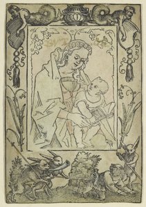 Panna s dítětem obklopená hranicí s lovcem a několika králíky (dřevořez, přepracováno akvarelem, tištěno na pergamenu) od Hans Sebald Beham