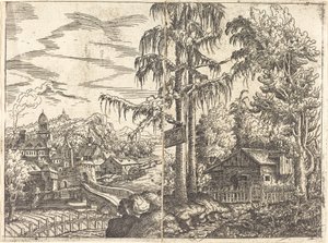 Krajina s výhledem na selskou chalupu a město u řeky, 1551.