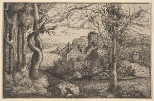 Pohled na řeku s hradem na ostrově, 1553.