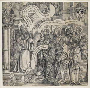 Maxmilián představený svými patrony Všemohoucímu, 1519