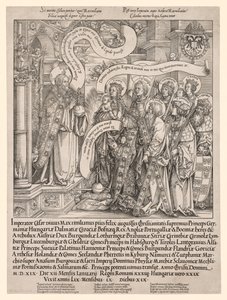 Císař Maxmilián představený svými patrony Všemohoucímu, 1519.