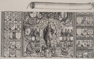 Horní část rodokmenu Maxmiliána s pravým okrajem svitku pro..., 1515.