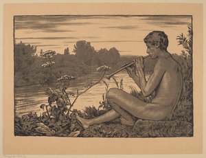Faun hrající na flétnu od Hans Thoma