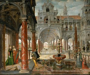 Palác s váženými návštěvníky - Palác s váženými návštěvníky - Hans Vredeman de Vries (Jan de Vriese nebo Friedman z Fríska) (1526-1606). Olej na plátně, c. 1596. Rozměr: 137x164 cm. Uměleckohistorické muzeum, Vídeň