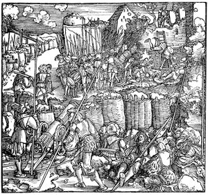 Obléhání pevnosti. Ilustrace z knihy Phisicke Against Fortune od Petrarca, 1532 od Hans Weiditz the Younger