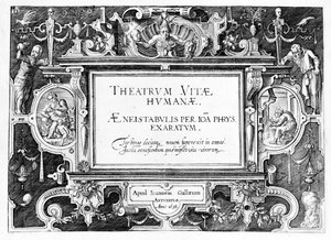 Titulní list pro „Theatrum Vitae Humanae“, vyrytý Johannesem Wierixem (1549-c.1618), přetištěný v roce 1638