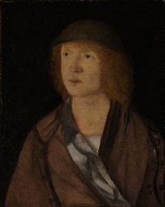 Portrét mladého muže, reverzní dívka dělá girlandu, ca. 1508.