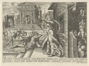 Rahab nechá špiony uniknout oknem The History of Joshua (název série) od Harmen Jansz Muller