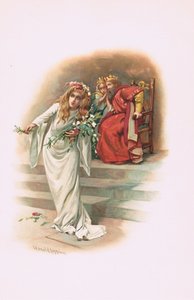 Ofélie s králem a královnou, ilustrace z Hamleta od Harold Copping