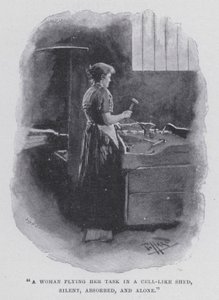 "Žena plnící svůj úkol v kůlně podobné cele, tichá, pohlcená a sama" (černobílá fotografie) od Harold Hume Piffard