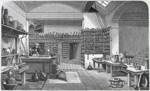Michael Faraday (1791-1867) ve své laboratoři v suterénu, z knihy Henryho Bence Jonese „The Life and Letters of Faraday“, publikované 1870, 1869