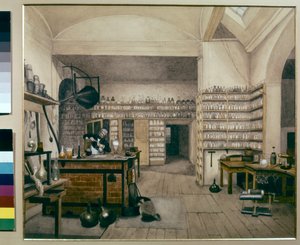 Michael Faraday při práci ve své laboratoři v Královském institutu
